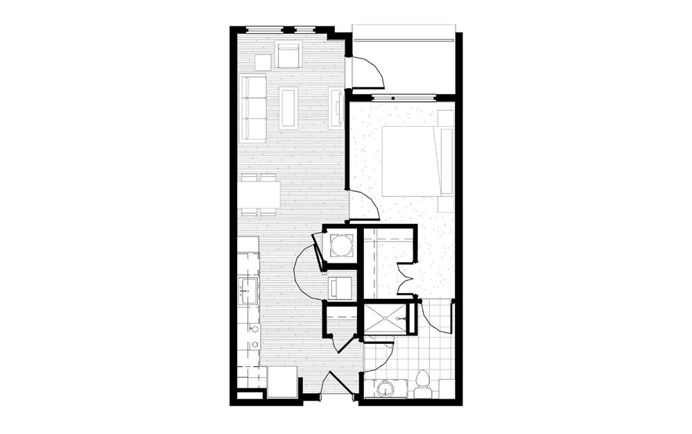 A7 - 1 bedroom floorplan layout with 1 bath and 675 square feet.